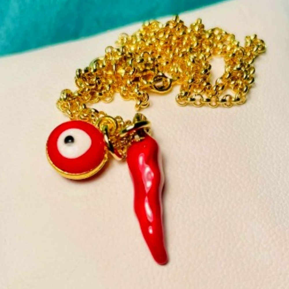 Red Evil Eye & Lucky Horn Necklace
